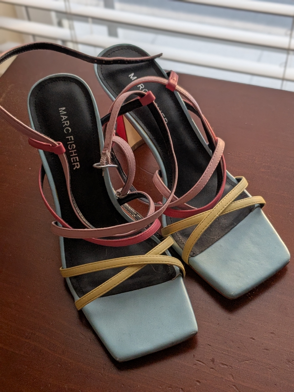 Marc Fisher - Multicolor Strappy Block Heel Sandals - Blue, Pink & Yellow
